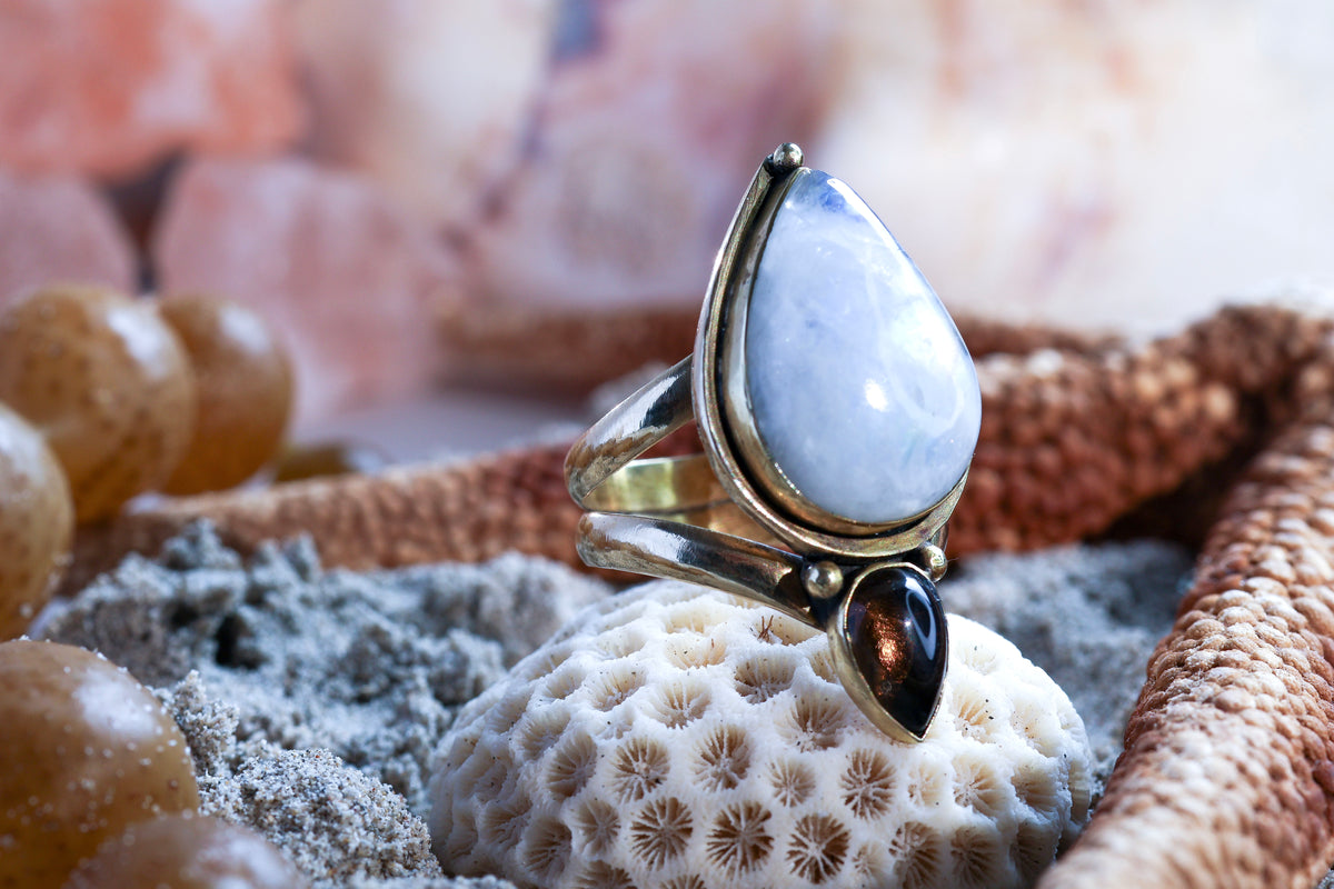 Brass Ring - Magical Chunky Ring - Moonstone & Smoky Quartz - O / 7.5