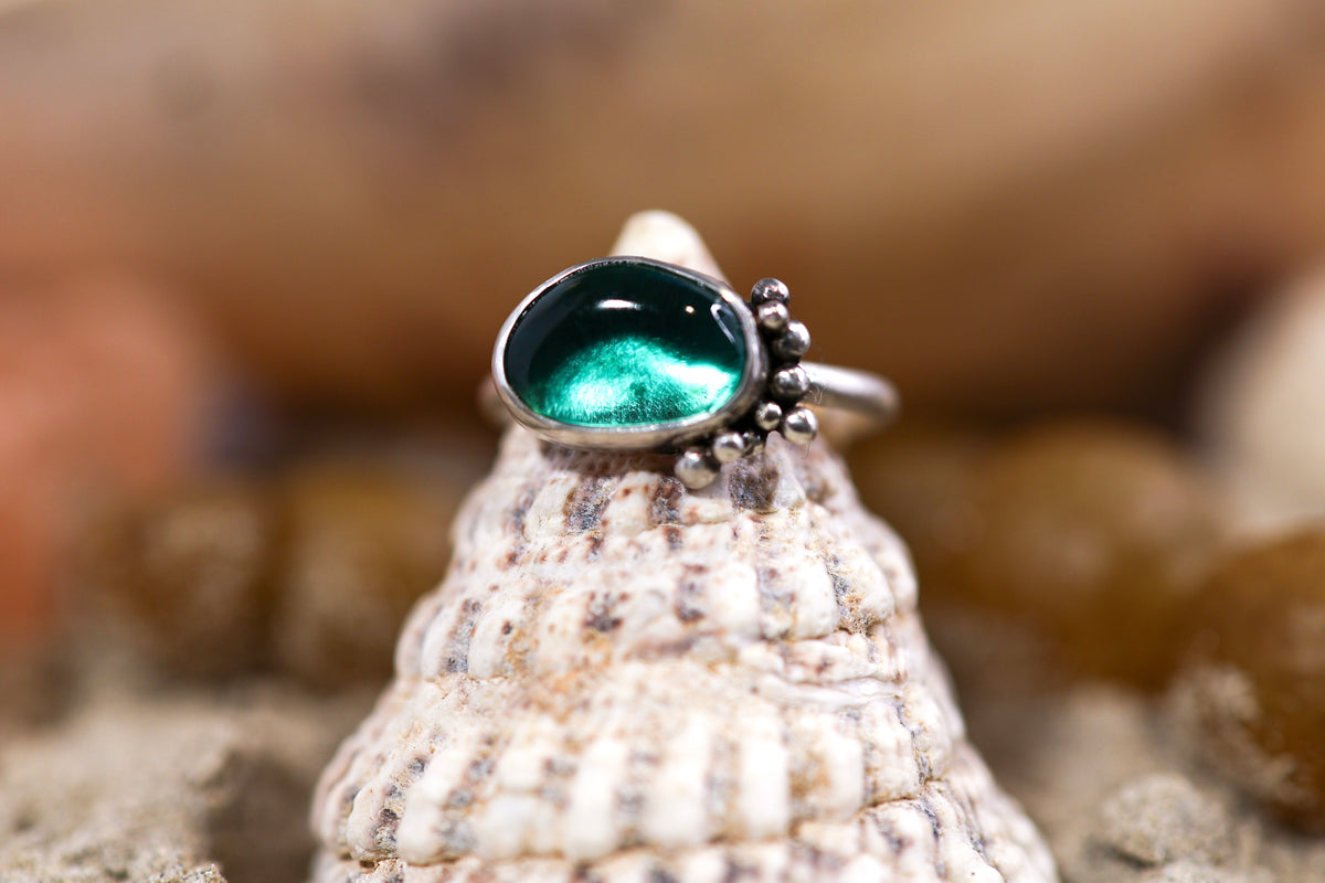 Sterling Silver 925 Ring - Simple Magic - Sea Glass - Teal - O+/ 7.75