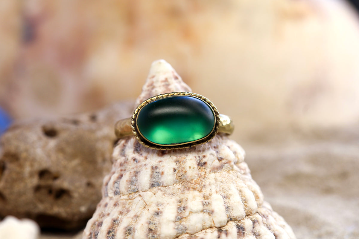 Brass Ring – Bohemian Soul - Sea Glass - Teal - Twisty Wire - R +/ 9.25