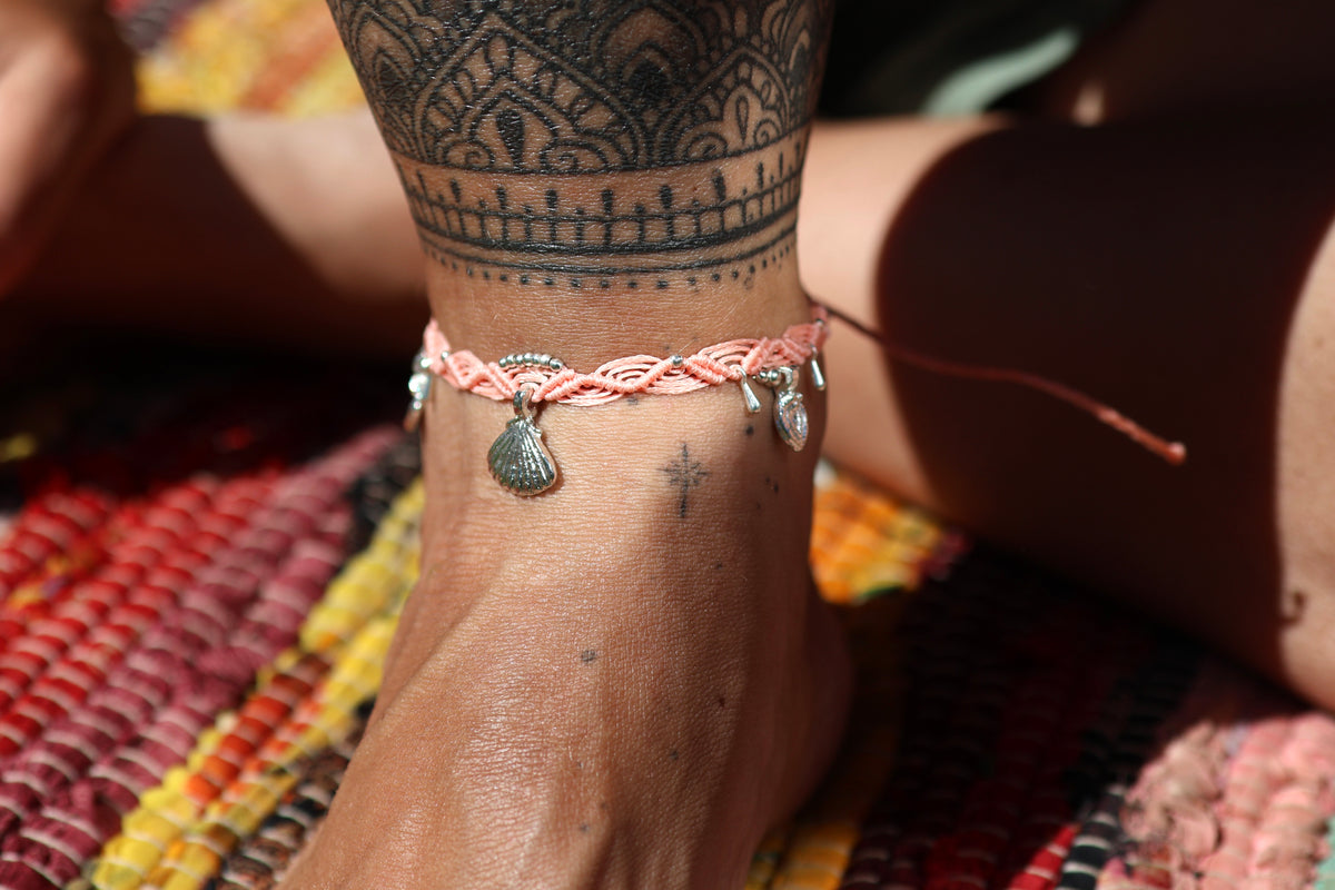 Silver Anklet - Bohemian - Pink / S4