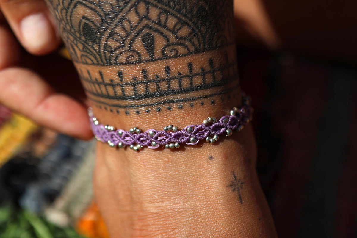 Silver Anklet - Bohemian - Lilac / Weave Pattern