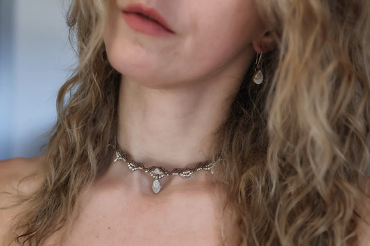 Macramé Choker - Silver - Beige / S11 / Moonstone