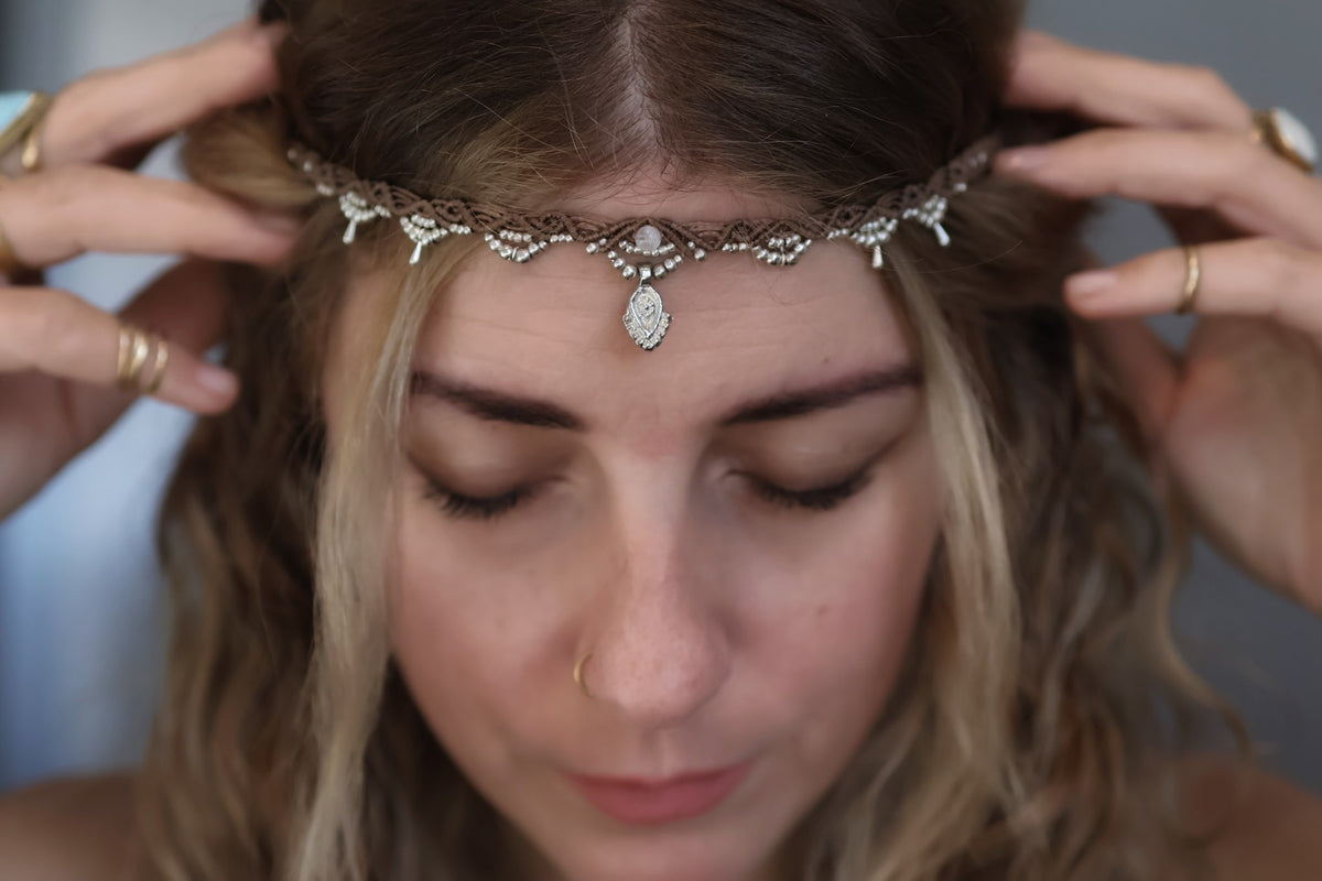 Macramé Choker - Silver - Beige / S11 / Moonstone