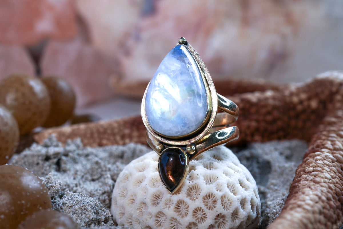 Brass Ring - Magical Chunky Ring  - Moonstone & Smoky Quartz - O / 7.5