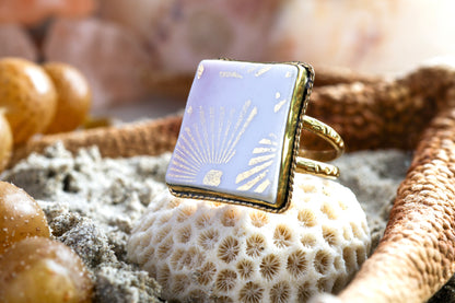 Brass Ring - Vintage Porcelain - Pink Gold Pattern - R / 9