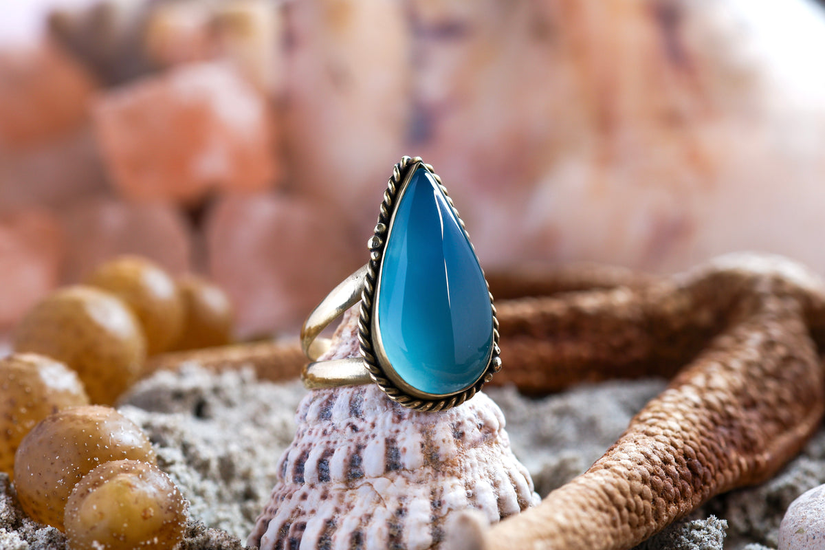 Brass Ring - Ocean Lover -Chalcedony Quartz -  P+ / 8.25