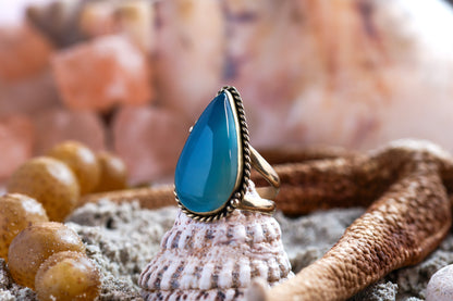 Brass Ring - Ocean Lover -Chalcedony Quartz -  P+ / 8.25