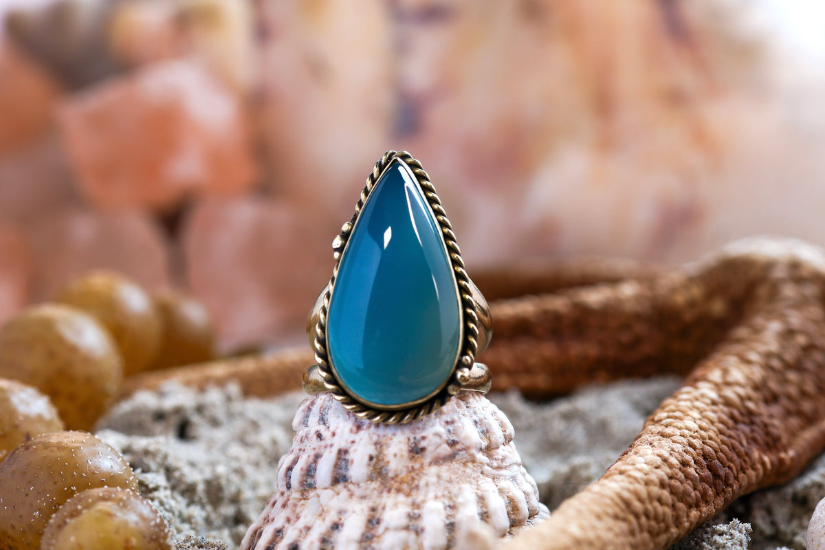 Brass Ring - Ocean Lover -Chalcedony Quartz -  P+ / 8.25