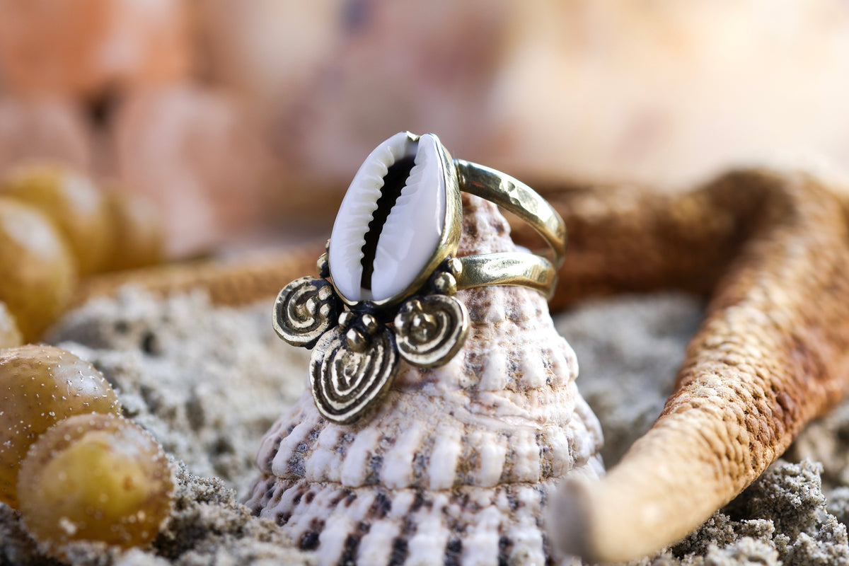 Brass Ring – Ocean Lover - Bohemian Cowrie Shell – O+ / 7.5