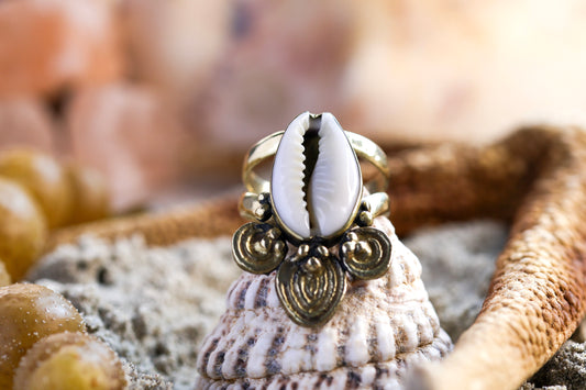 Brass Ring – Ocean Lover - Bohemian Cowrie Shell – O+ / 7.5