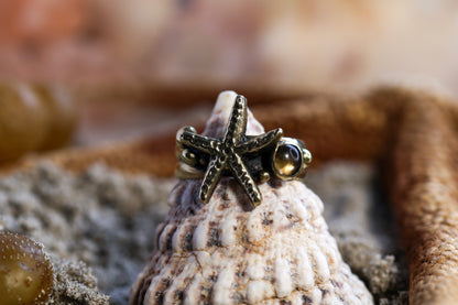 Brass Ring - Ocean Lover - Chunky - Starfish & Smoky Quartz – P+ / 8