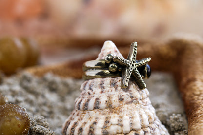 Brass Ring - Ocean Lover - Chunky - Starfish & Smoky Quartz – P+ / 8