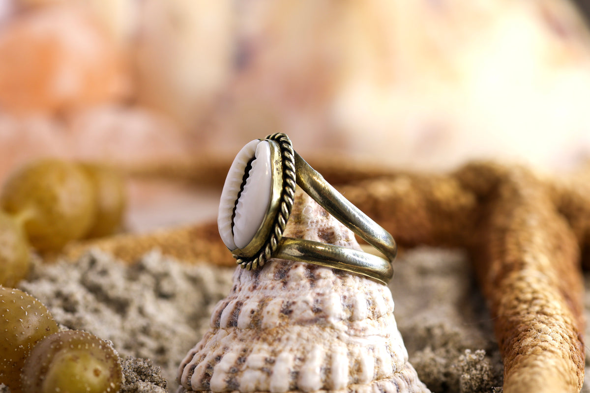 Brass Ring – Ocean Lover - Twisted Cowrie Shell – T+ / 10.25