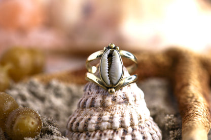 Brass Ring - Ocean Lover - Chunky - Cowrie Shell - Q / 8.5
