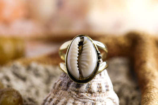 Brass Ring - Ocean Lover - Chunky - Cowrie  Shell - Q+ / 8.75