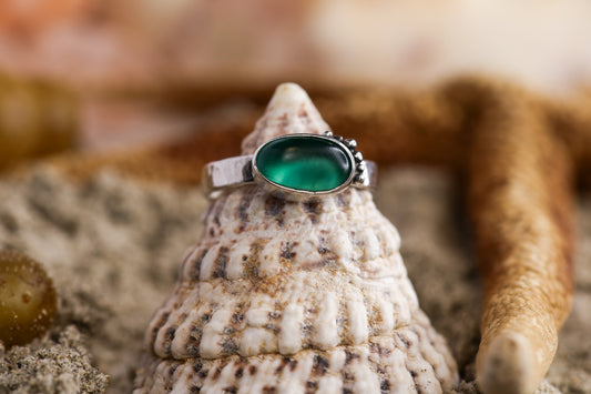 Sterling Silver 925 Ring Chunky - Ocean Dreamer - Sea Glass - Teal - Q+ / 8.75