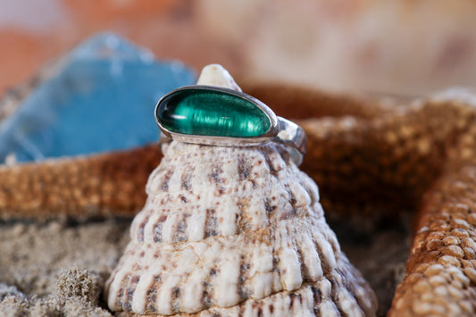 Sterling Silver 925 Chunky Ring - Ocean Dreamer - Sea Glass - Teal - Q+ / 8.75
