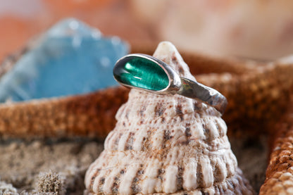 Sterling Silver 925 Chunky Ring - Ocean Dreamer - Sea Glass - Teal - Q+ / 8.75