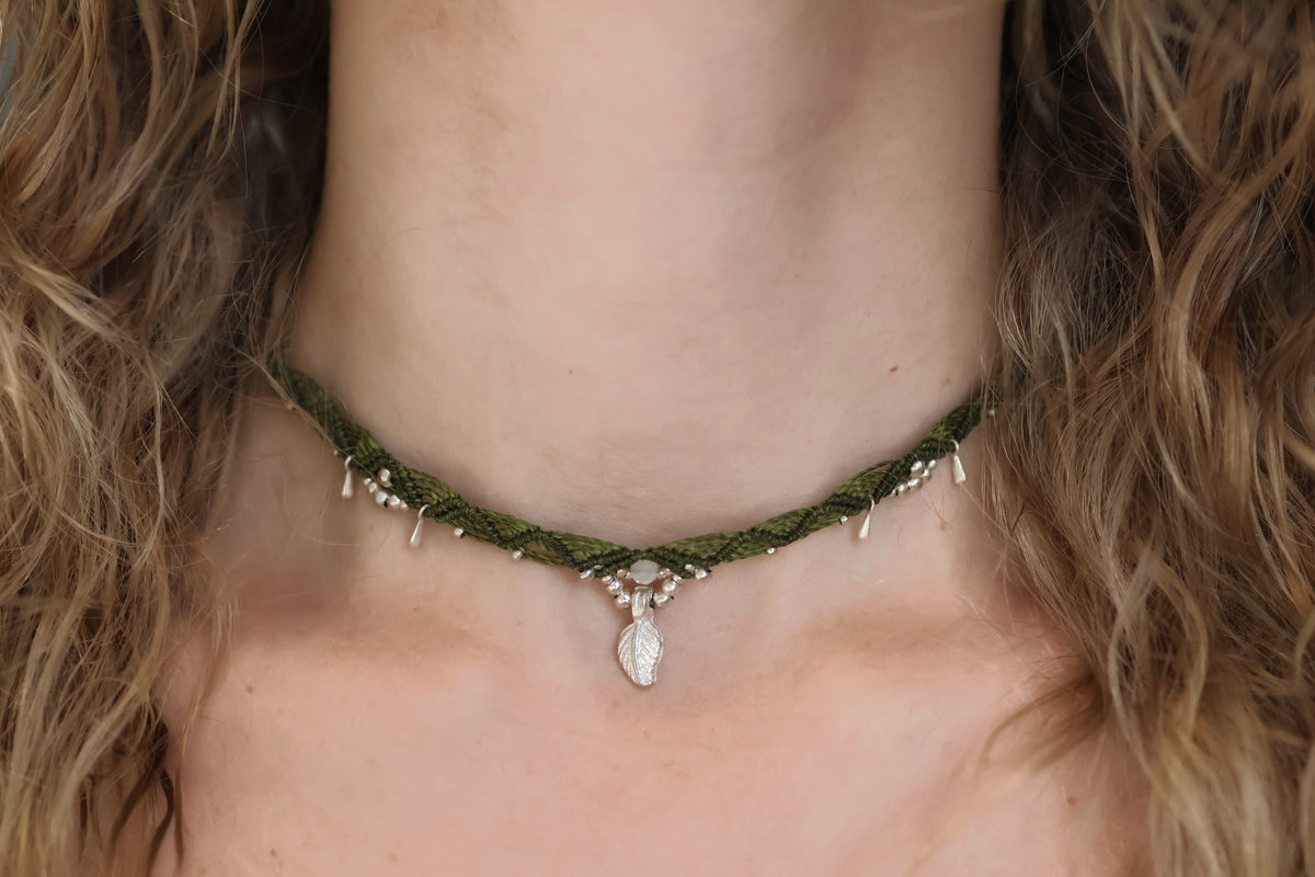 Macramé Choker - Silver - Green / S11 / Moonstone