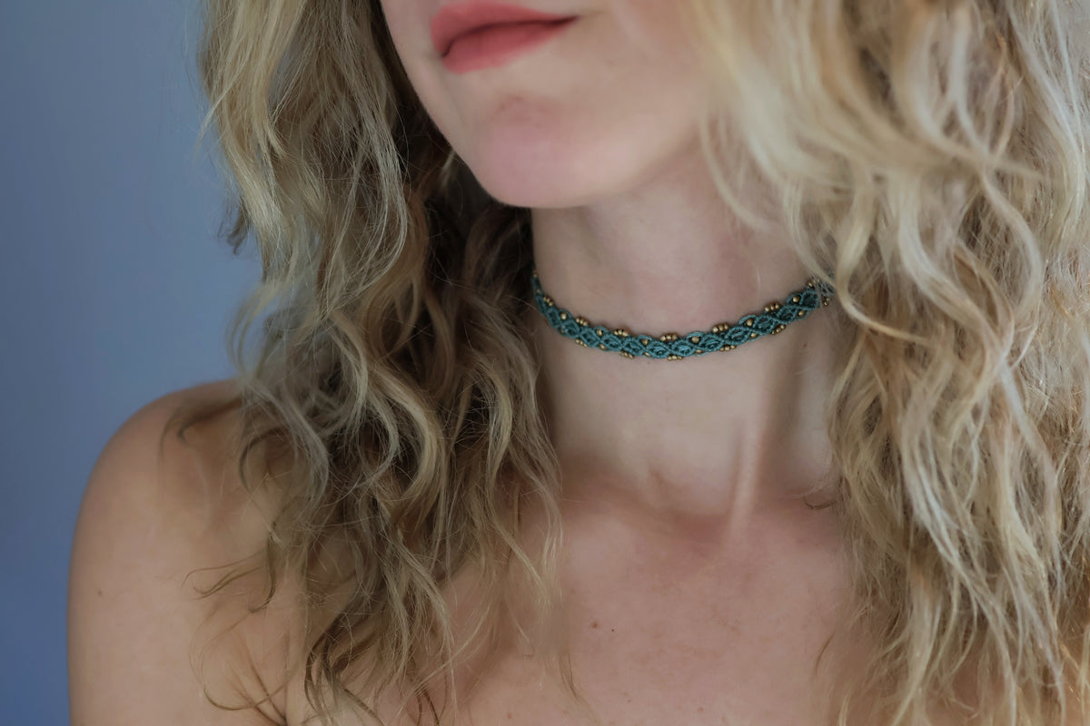 Macramé Choker - Brass - Teal / Weave Pattern