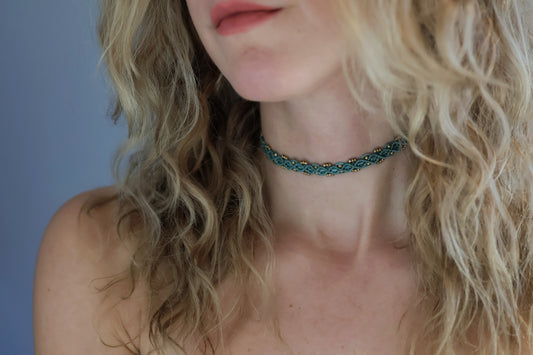 Macramé Choker - Brass - Teal / Weave Pattern