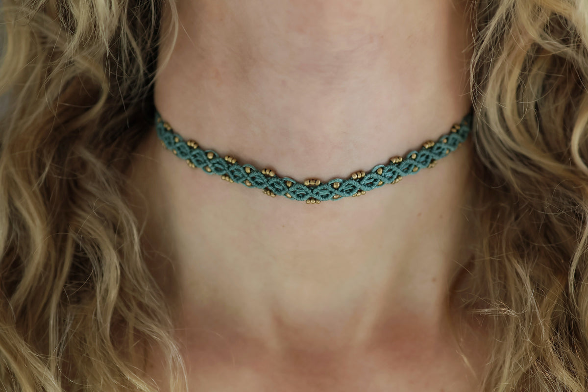 Macramé Choker - Brass - Teal / Weave Pattern