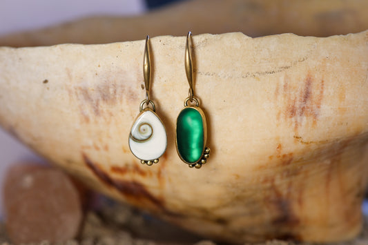Earring - Brass - Odd -  Shiva Shell & Teal Sea Glass