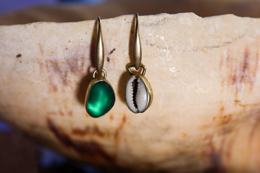 Earring - Brass - Odd - Cowrie Shell & Teal Sea Glass