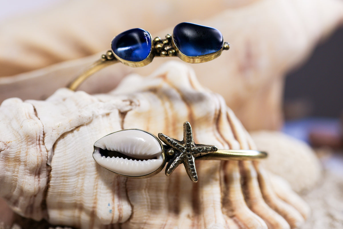 Open Bangle Bracelet - Cowrie Shell - Sea Glass - Lilac