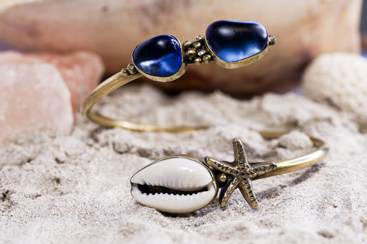 Open Bangle Bracelet - Cowrie Shell - Sea Glass - Lilac