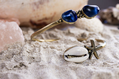 Open Bangle Bracelet - Cowrie Shell - Sea Glass - Lilac