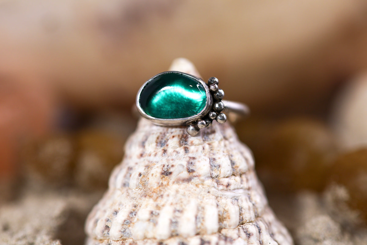 Sterling Silver 925 Ring - Simple Magic - Sea Glass - Teal -  O+/ 7.75