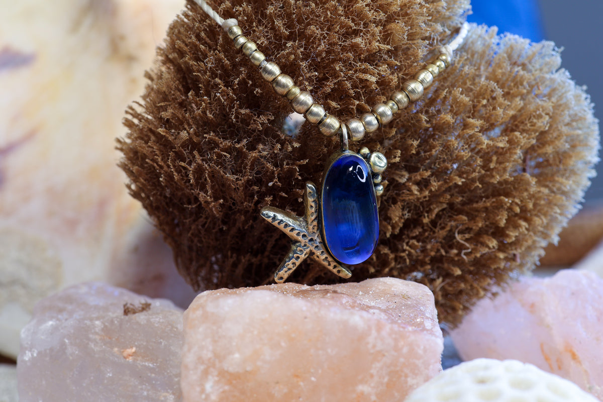 Adjustable Necklace - Sea Glass & Starfish - Lilac