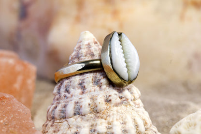 Brass Ring – Earthly Treasures - Small Cowrie Shell - Q / 8.5