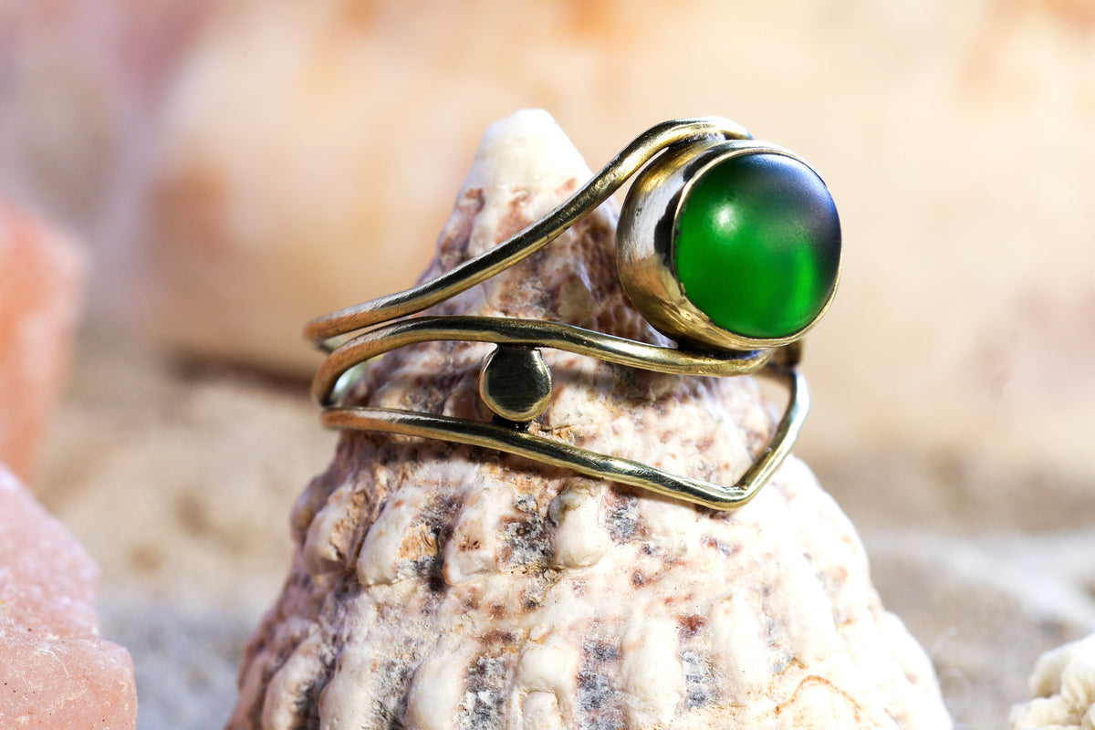 Brass Ring – Bohemian Soul - Wild Wire -  Sea Glass - Green - Q / 8.75