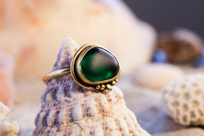 Brass Ring – Bohemian Soul - Sea Glass – Green - Q / 8.5