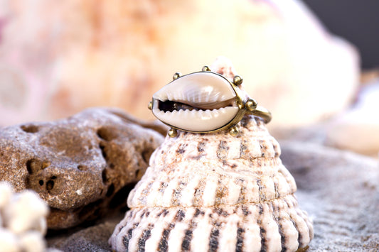 Brass Ring – Bohemian Soul - Spiky Cowrie Shell - Q / 8.5