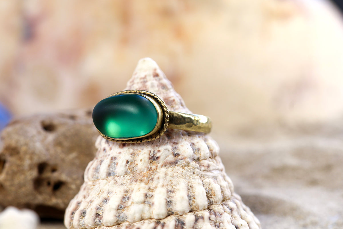Brass Ring – Bohemian Soul - Sea Glass - Teal - Twisty Wire - R +/ 9.25