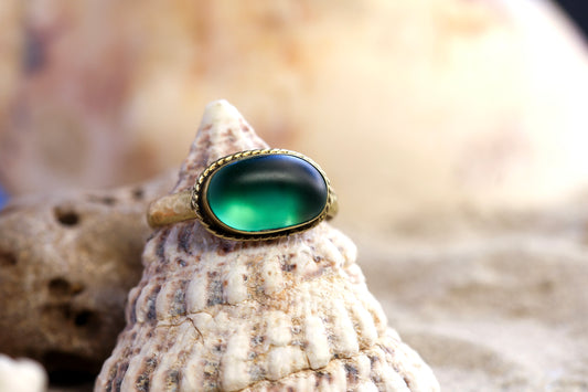 Brass Ring – Bohemian Soul - Sea Glass - Teal - Twisty Wire - R +/ 9.25