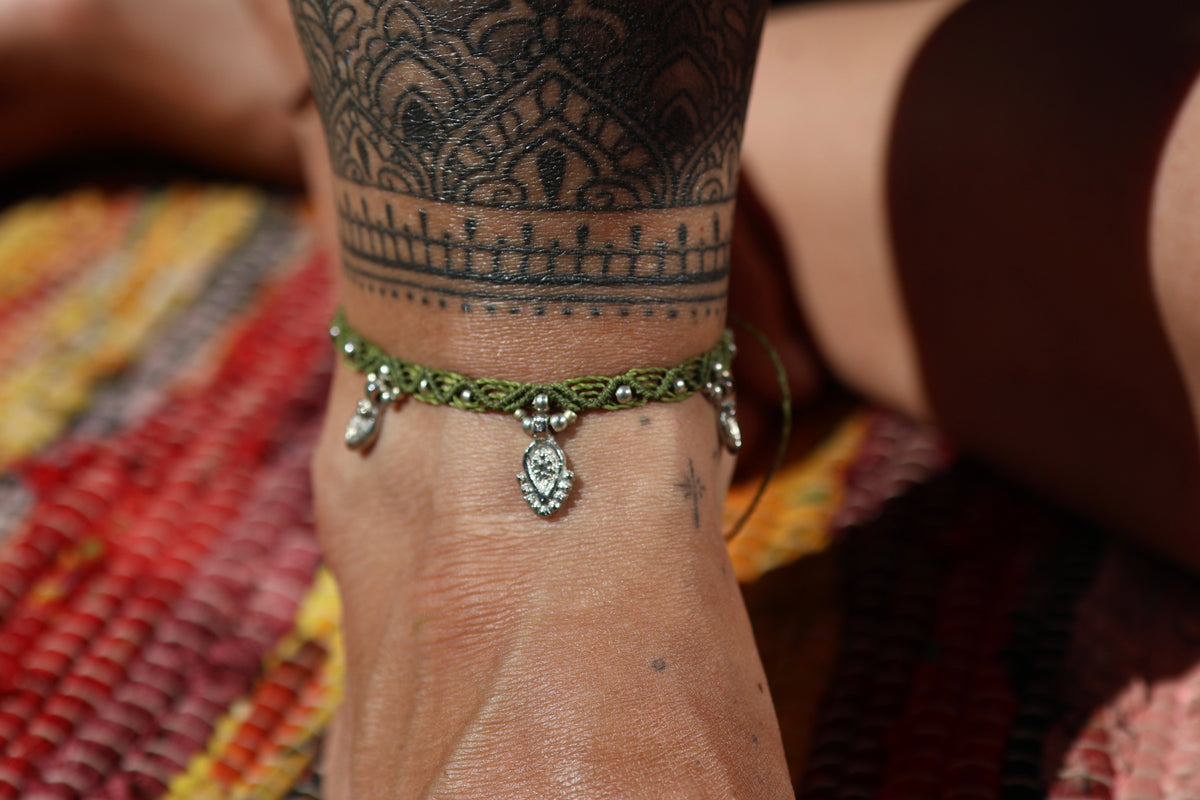 Silver Anklet - Bohemian - Moss Green / S11