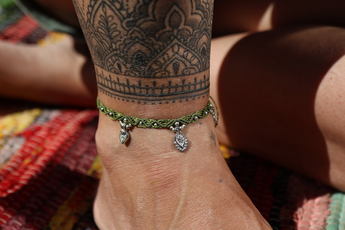 Silver Anklet - Bohemian - Moss Green / S11