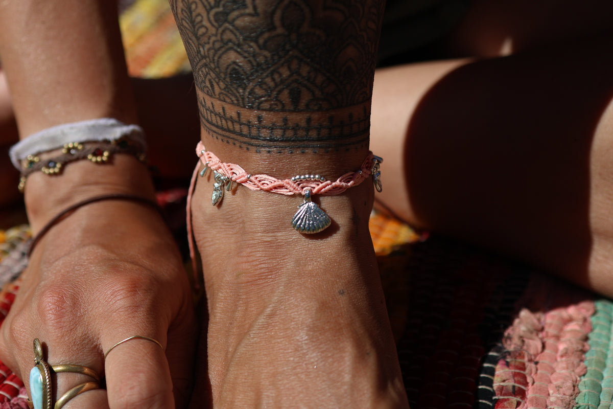 Silver Anklet - Bohemian - Pink / S4