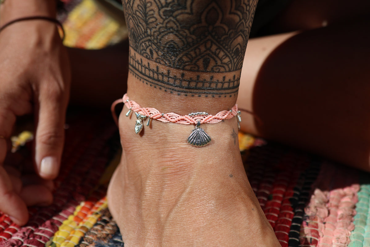 Silver Anklet - Bohemian - Pink / S4