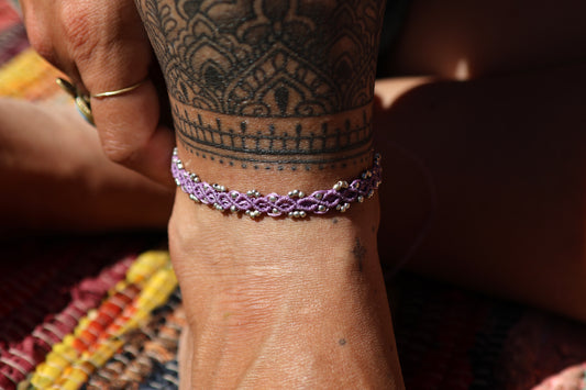 Silver Anklet - Bohemian - Lilac / Weave Pattern